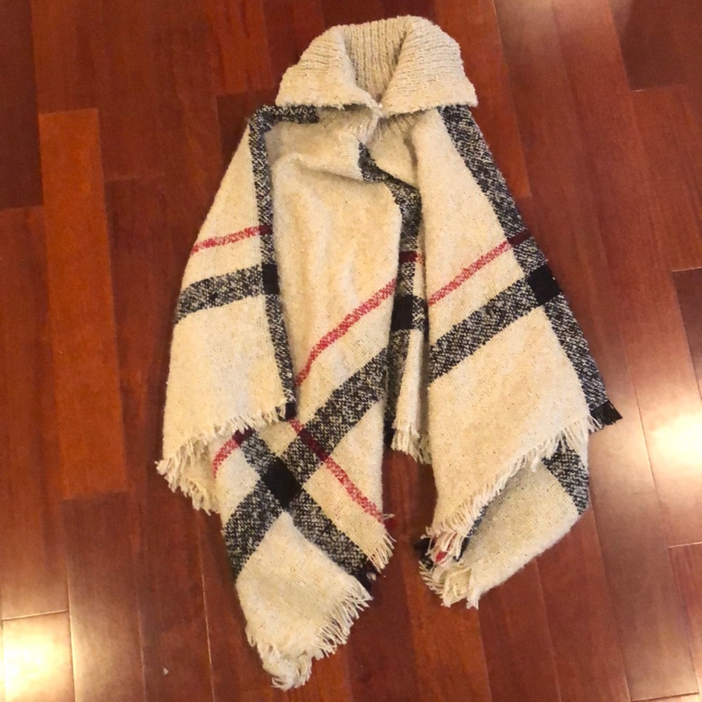 Plaid oversize blanket cardigan fringe wrap poncho